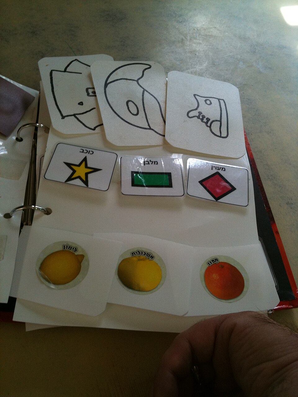 Un tableau de communication posé à plat, couvert de petites cartes portant chacune une image et un mot.